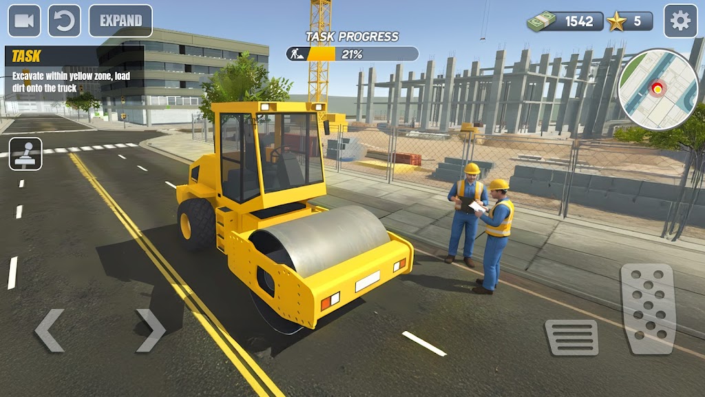 Screenshot do jogo Excavator City Builder com escavadora a carregar camião